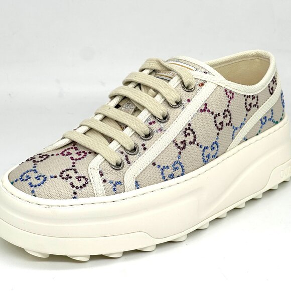 Gucci Treck Crystal GG Logo Canvas Low Top Platform Trainers Sneakers Shoes - Picture 3 of 16